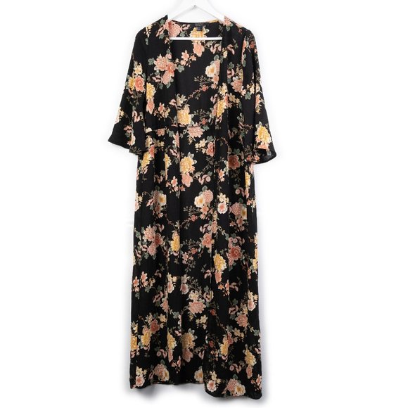 FOREVER 21 Contemporary black floral cardigan full length long kimono size S - Picture 1 of 10